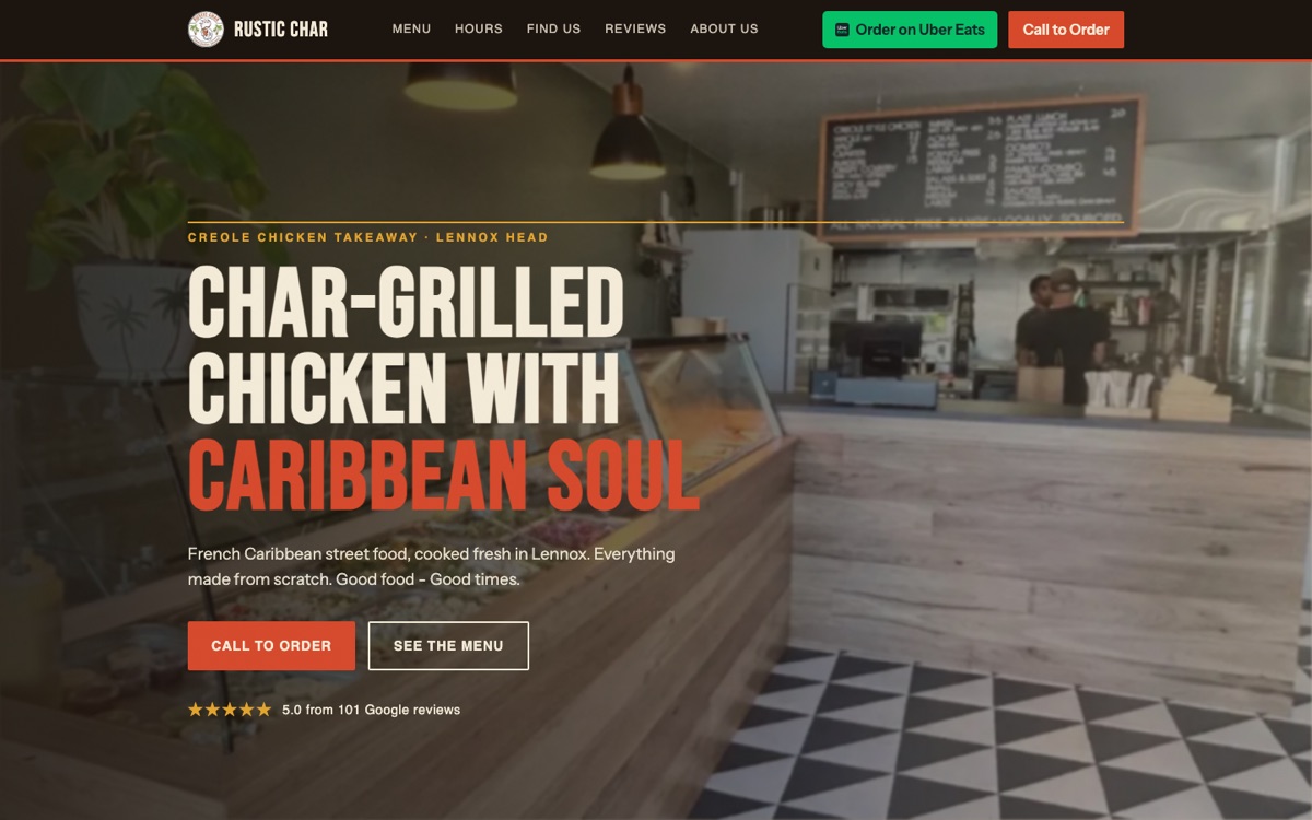 Rustic Char website: char-grilled chicken with Caribbean soul, call to order and see the menu